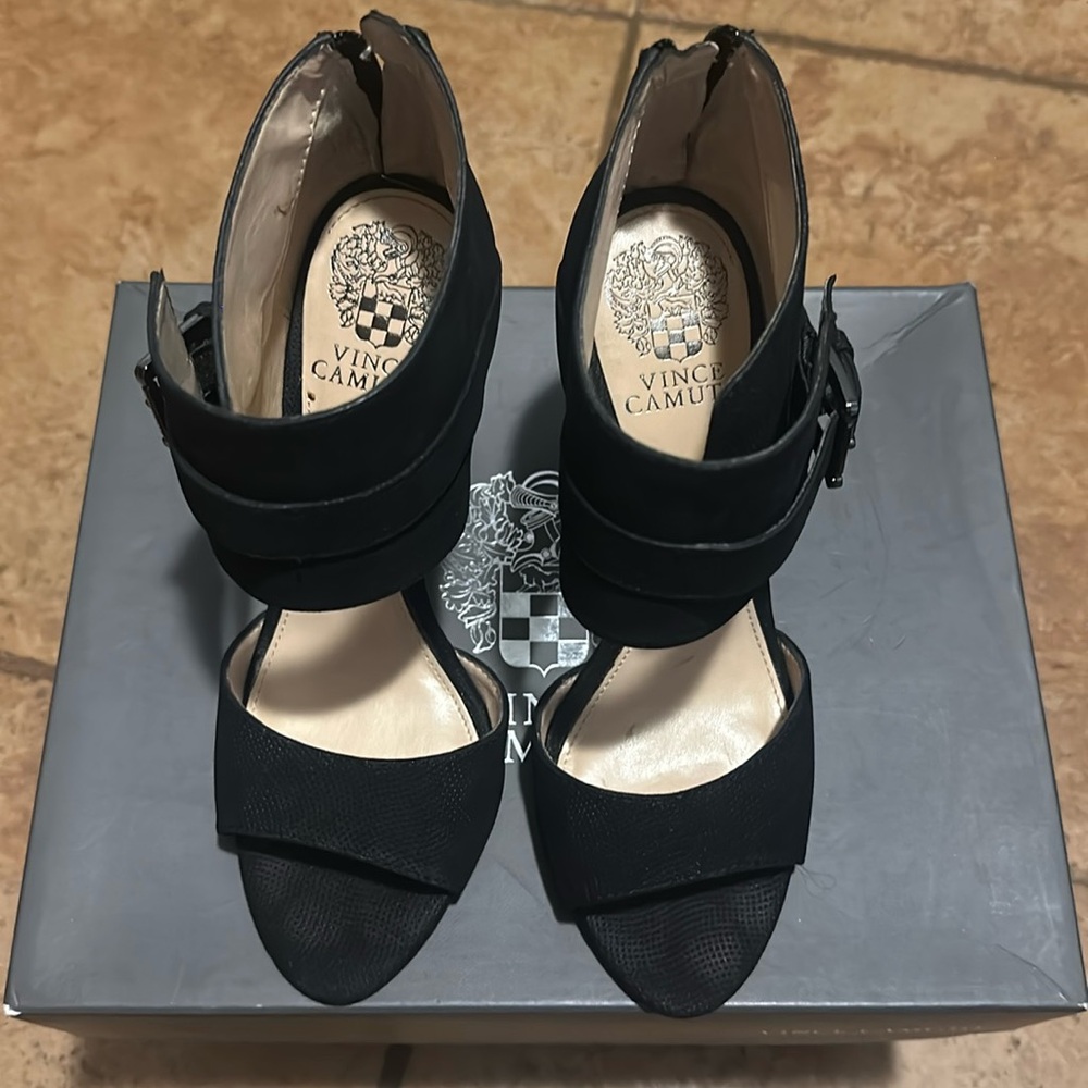 Vince Camuto Hensley Black Leather Open Toe Stiletto Heels Size 7